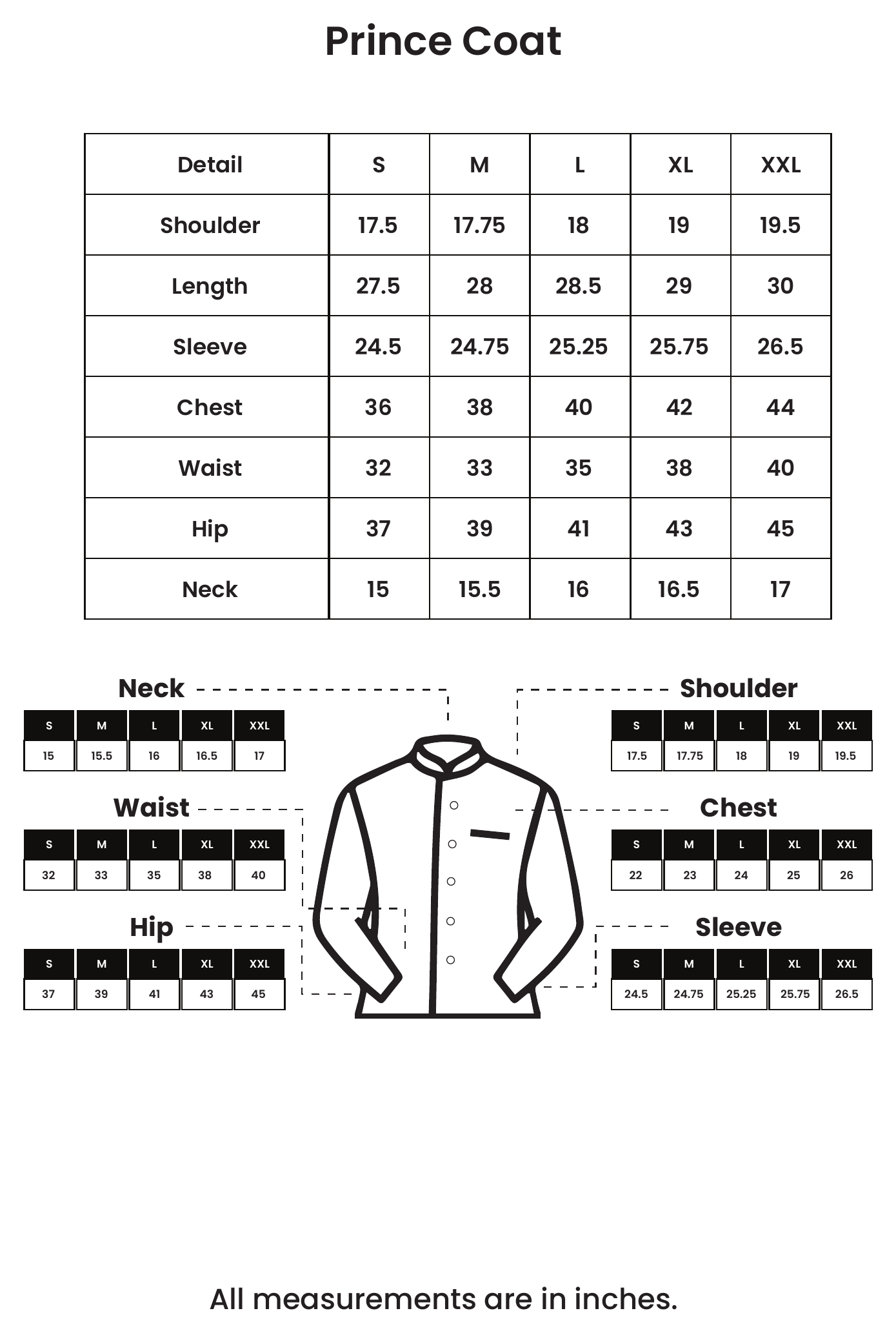 Prince Coats size chart, measurements in inches