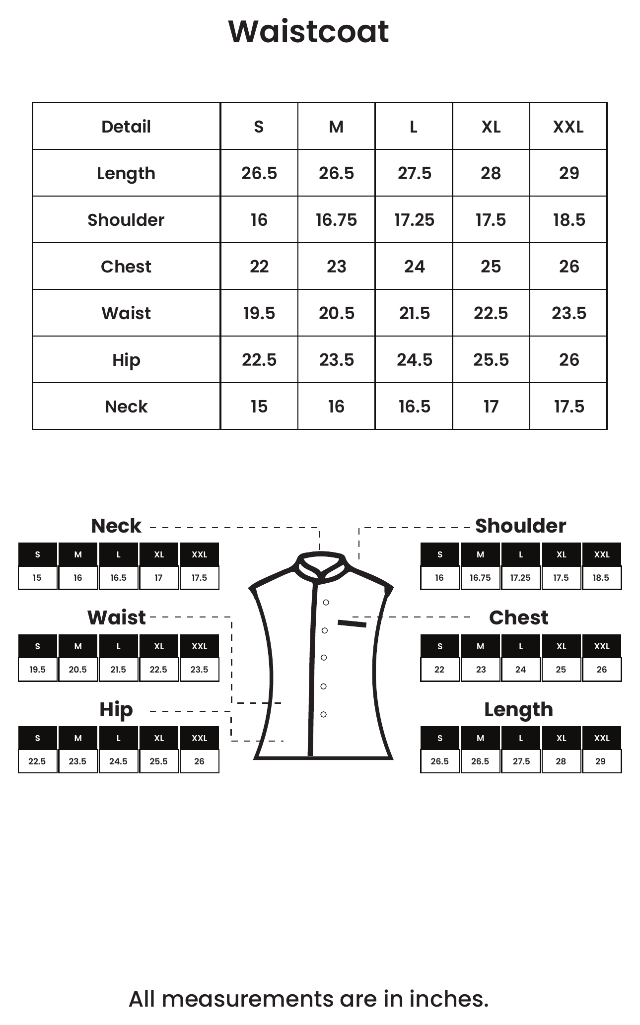 Waistcoats size chart, measurements in inches